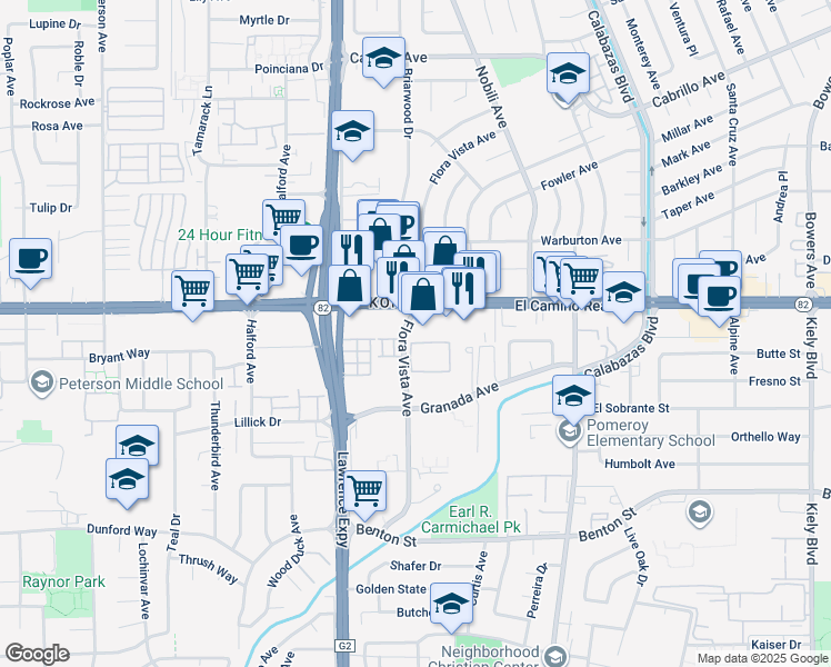 map of restaurants, bars, coffee shops, grocery stores, and more near 3560 Flora Vista Avenue in Santa Clara