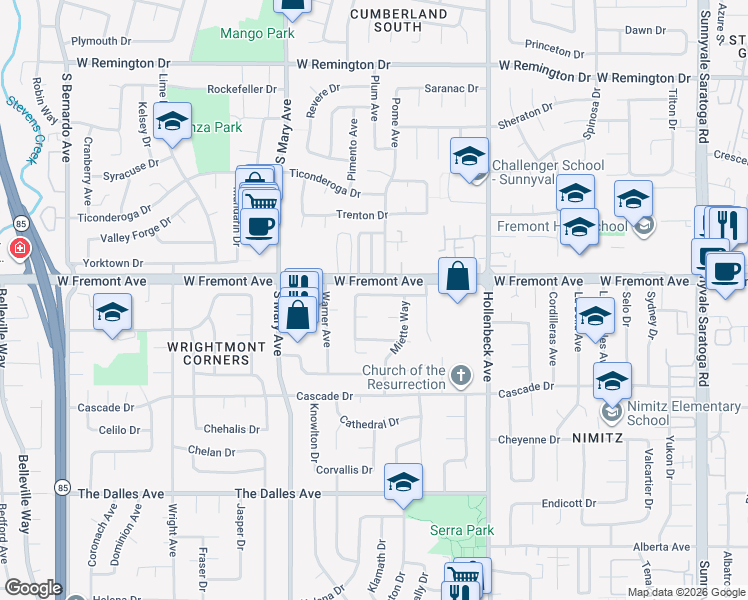 map of restaurants, bars, coffee shops, grocery stores, and more near 802 Allison Way in Sunnyvale