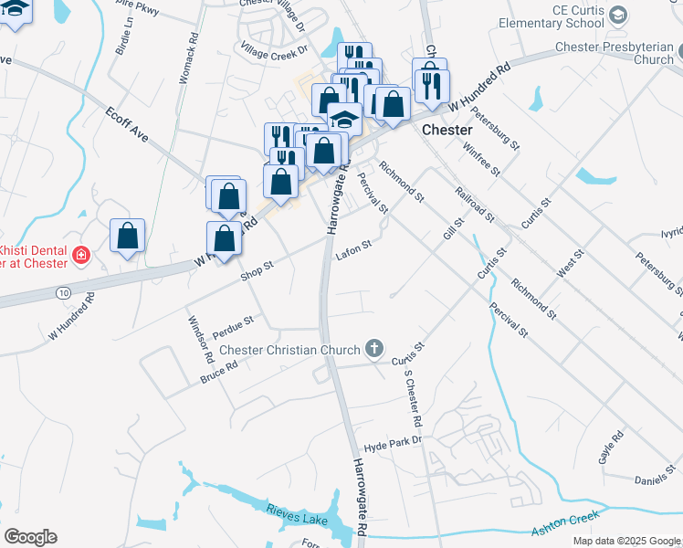 map of restaurants, bars, coffee shops, grocery stores, and more near 12231 Harrowgate Road in Chester