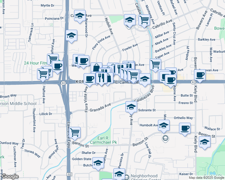 map of restaurants, bars, coffee shops, grocery stores, and more near 1496 McPherson Street in Santa Clara
