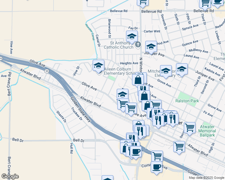 map of restaurants, bars, coffee shops, grocery stores, and more near 1230 Marguerite Street in Atwater