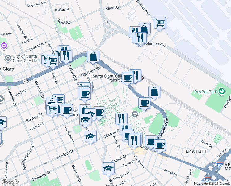 map of restaurants, bars, coffee shops, grocery stores, and more near 988 Franklin Street in Santa Clara