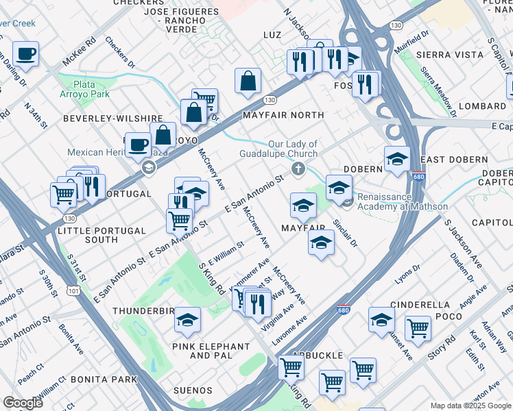 map of restaurants, bars, coffee shops, grocery stores, and more near 227 Oakland Avenue in San Jose