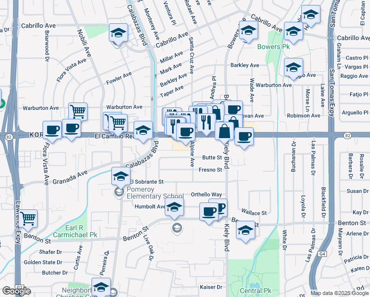 map of restaurants, bars, coffee shops, grocery stores, and more near 3032 El Camino Real in Santa Clara