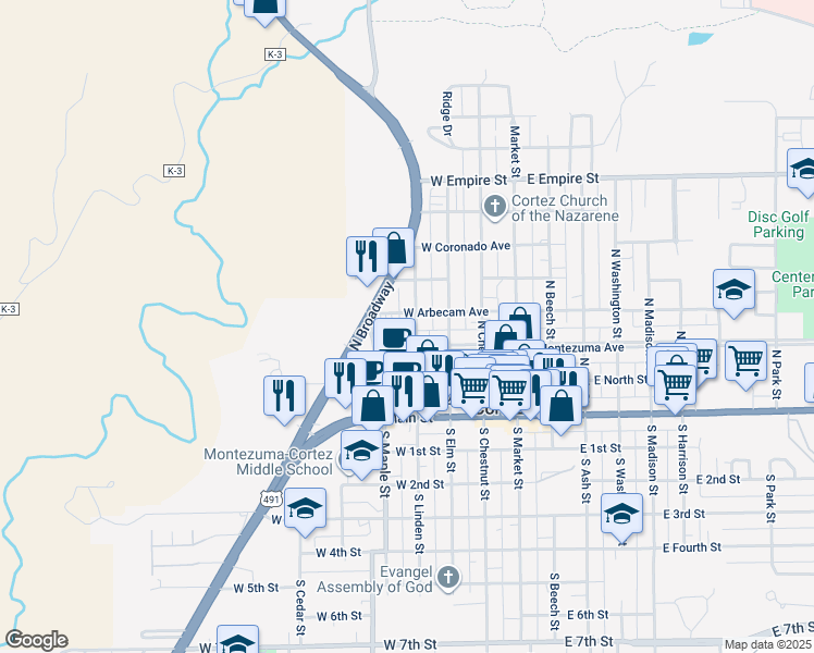 map of restaurants, bars, coffee shops, grocery stores, and more near 215 North Linden Street in Cortez