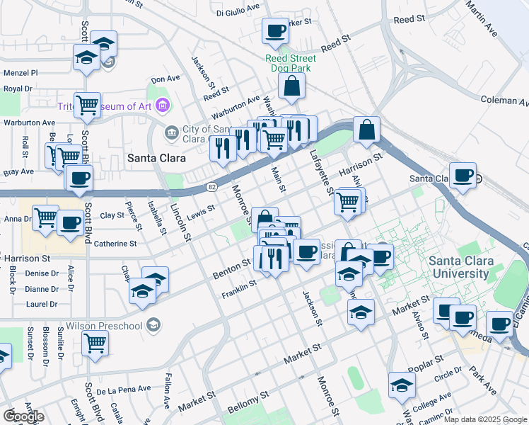map of restaurants, bars, coffee shops, grocery stores, and more near 1294 Jackson Street in Santa Clara