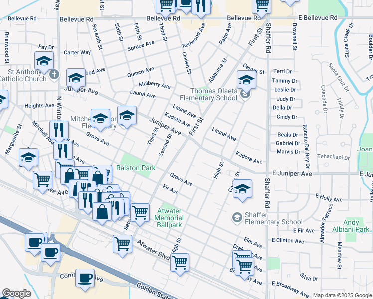 map of restaurants, bars, coffee shops, grocery stores, and more near 1790 First Street in Atwater