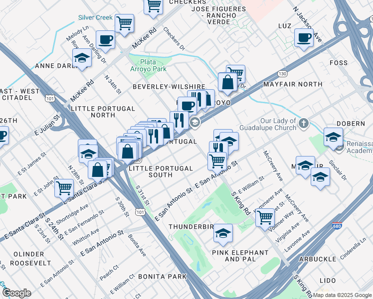 map of restaurants, bars, coffee shops, grocery stores, and more near 1680 Shortridge Avenue in San Jose