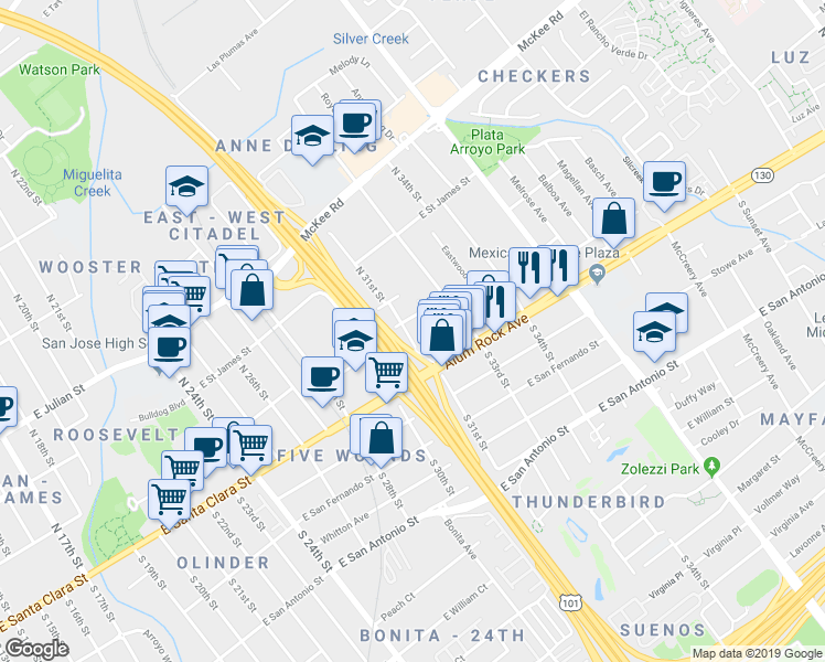 map of restaurants, bars, coffee shops, grocery stores, and more near 76 North 31st Street in San Jose