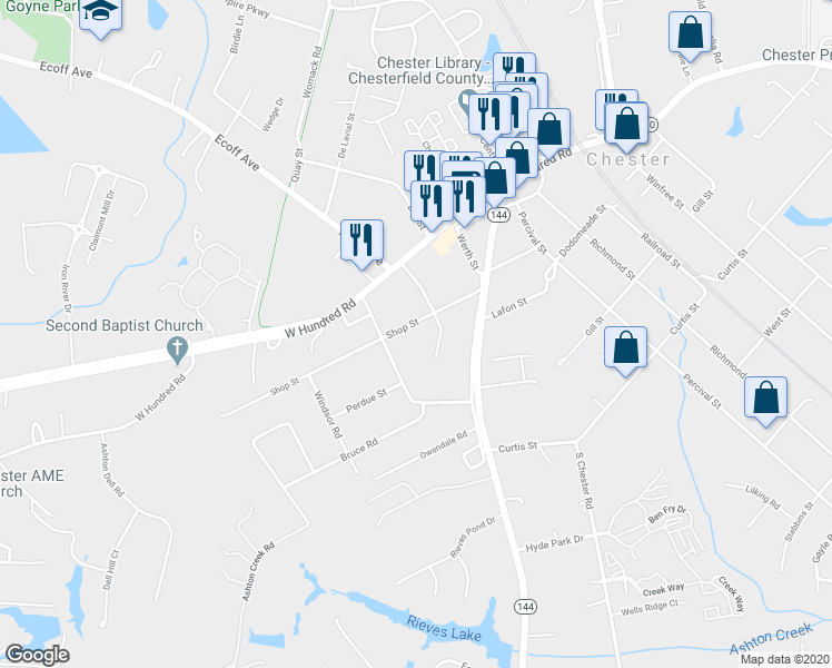 map of restaurants, bars, coffee shops, grocery stores, and more near 4513 Shop Street in Chester