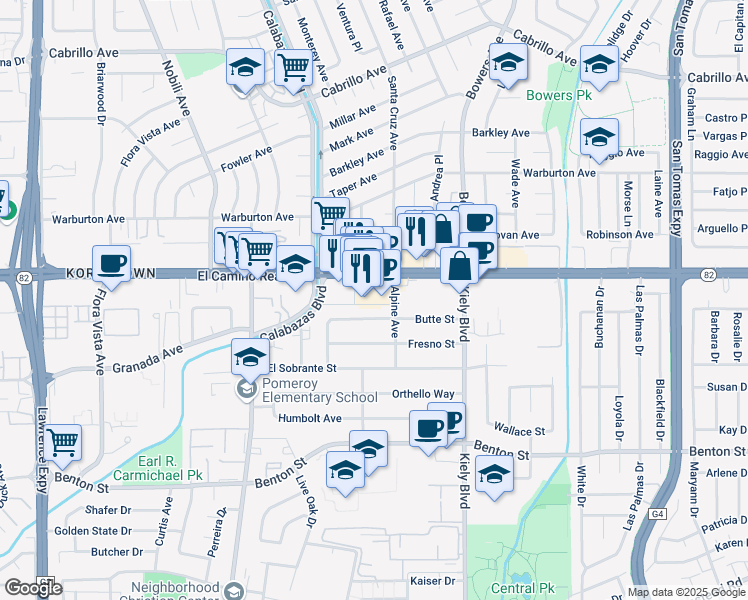map of restaurants, bars, coffee shops, grocery stores, and more near 3032 El Camino Real in Santa Clara