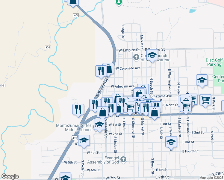 map of restaurants, bars, coffee shops, grocery stores, and more near 215 North Linden Street in Cortez