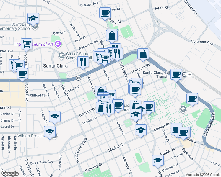 map of restaurants, bars, coffee shops, grocery stores, and more near 1220 Main Street in Santa Clara
