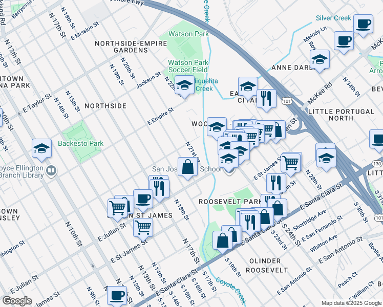 map of restaurants, bars, coffee shops, grocery stores, and more near 375 North 21st Street in San Jose