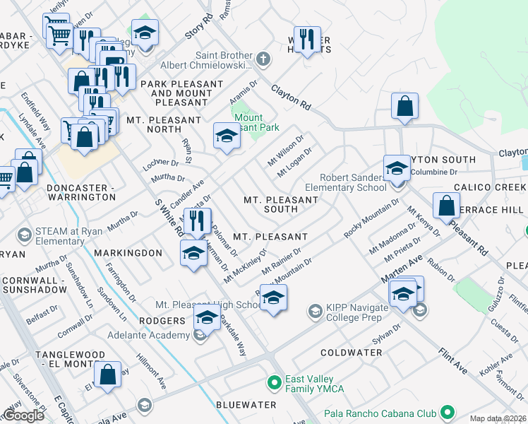 map of restaurants, bars, coffee shops, grocery stores, and more near 1502 Mount Whitney Drive in San Jose