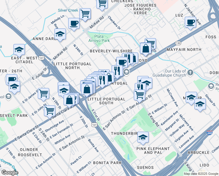 map of restaurants, bars, coffee shops, grocery stores, and more near 15 North 34th Street in San Jose