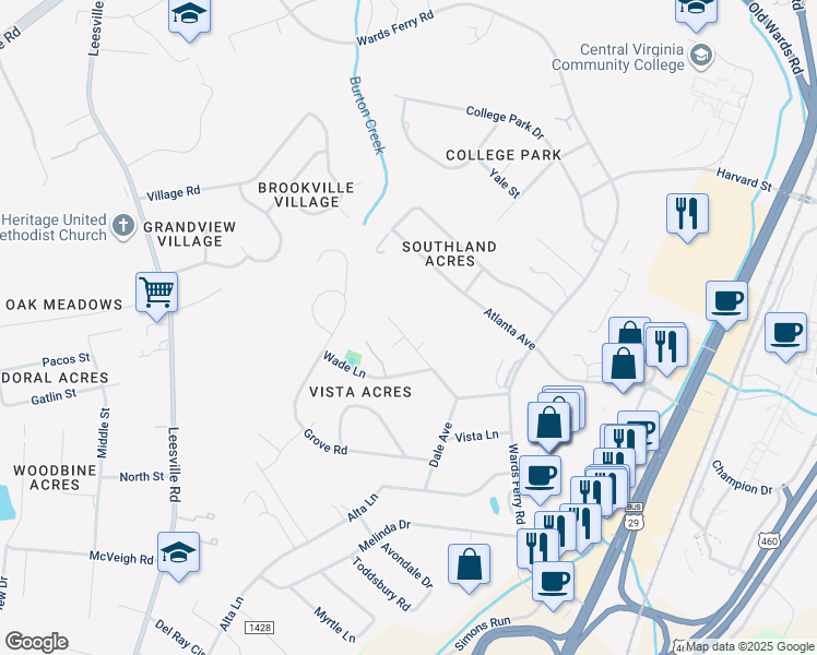 map of restaurants, bars, coffee shops, grocery stores, and more near 128 Walton Drive in Lynchburg