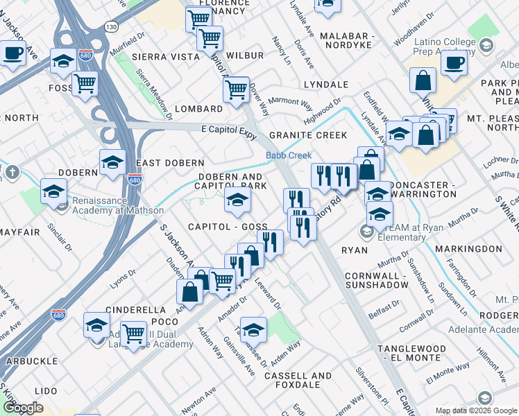 map of restaurants, bars, coffee shops, grocery stores, and more near 913 Baghdad Place in San Jose