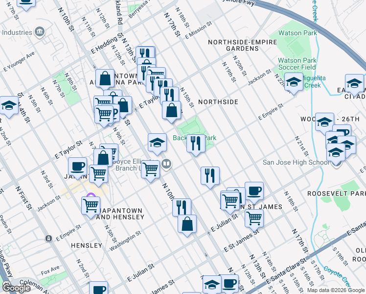 map of restaurants, bars, coffee shops, grocery stores, and more near 543 North 13th Street in San Jose