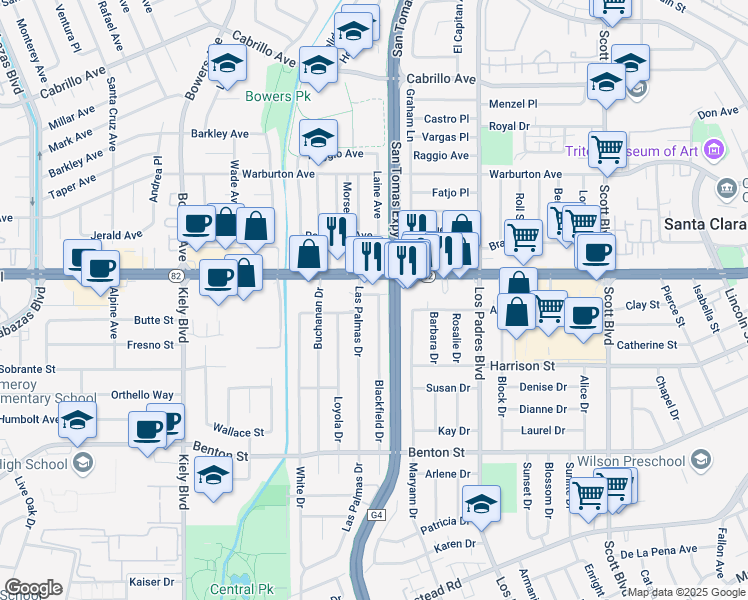 map of restaurants, bars, coffee shops, grocery stores, and more near 1478 Blackfield Drive in Santa Clara
