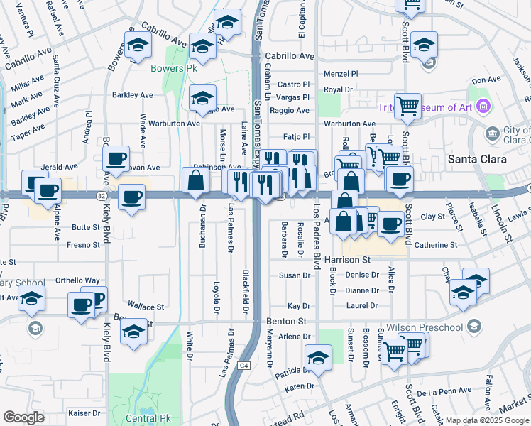 map of restaurants, bars, coffee shops, grocery stores, and more near 2497 Anna Drive in Santa Clara