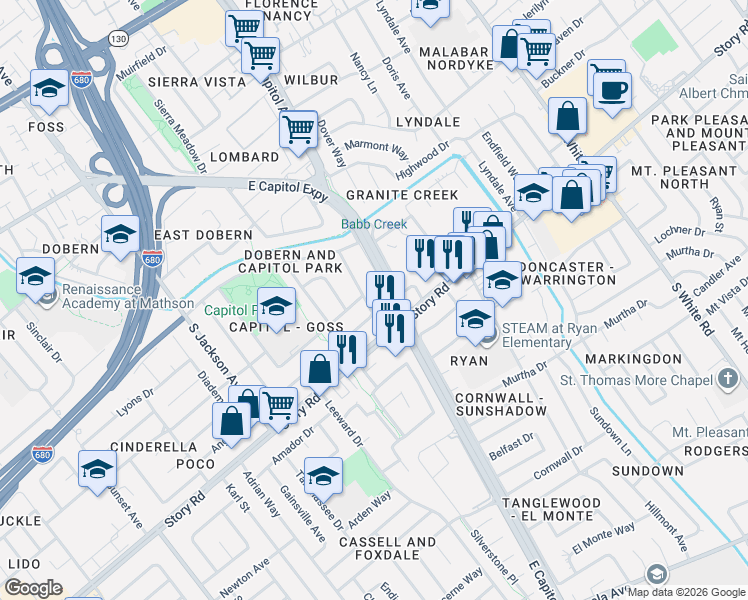 map of restaurants, bars, coffee shops, grocery stores, and more near 990 Sinbad Avenue in San Jose