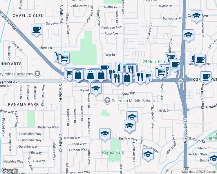 map of restaurants, bars, coffee shops, grocery stores, and more near 1018 East El Camino Real in Sunnyvale