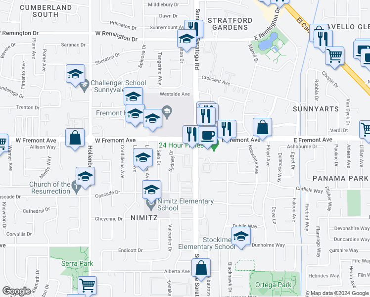 map of restaurants, bars, coffee shops, grocery stores, and more near 1313 Victoria Terrace in Sunnyvale