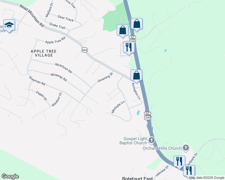 map of restaurants, bars, coffee shops, grocery stores, and more near Carrington Court in Roanoke