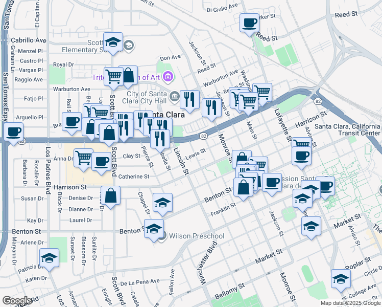 map of restaurants, bars, coffee shops, grocery stores, and more near 1501 Lewis St in Santa Clara