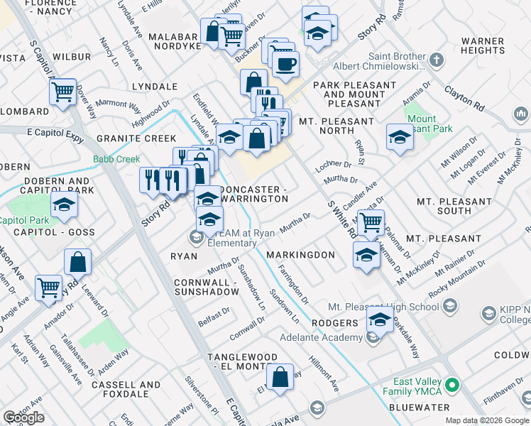 map of restaurants, bars, coffee shops, grocery stores, and more near 2918 Sherbrooke Way in San Jose