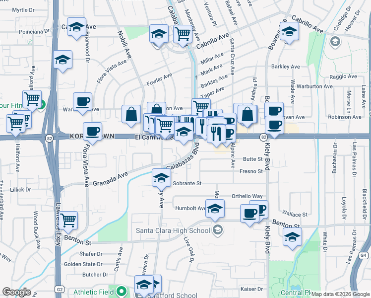 map of restaurants, bars, coffee shops, grocery stores, and more near 3208 California 82 in Santa Clara