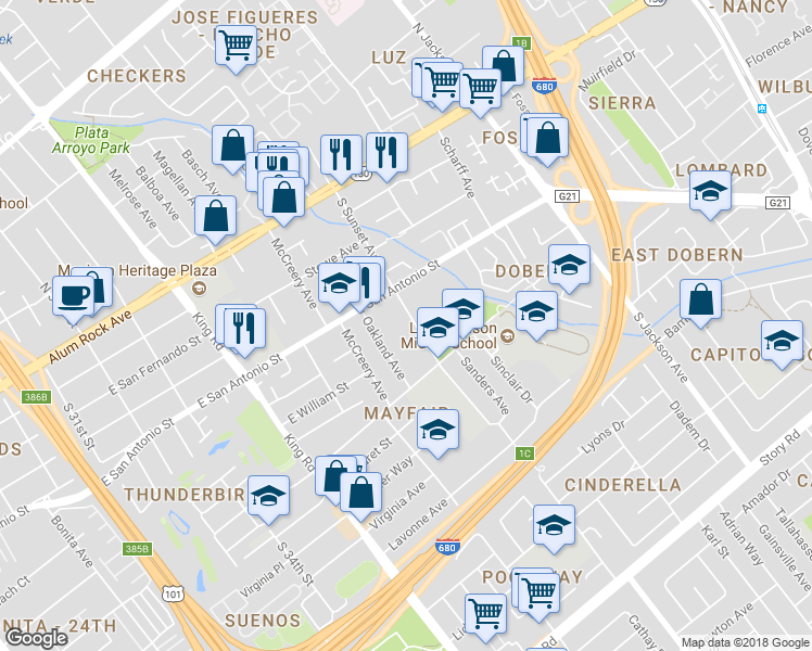 map of restaurants, bars, coffee shops, grocery stores, and more near 239 South Sunset Avenue in San Jose