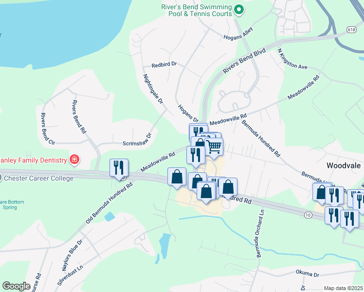 map of restaurants, bars, coffee shops, grocery stores, and more near 120 Meadowville Road in Chester