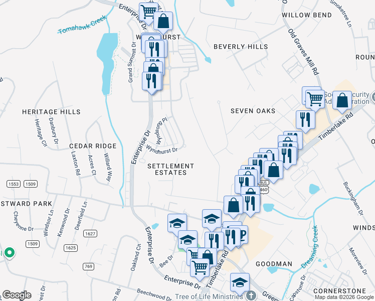 map of restaurants, bars, coffee shops, grocery stores, and more near 307 Wyndhurst Drive in Lynchburg