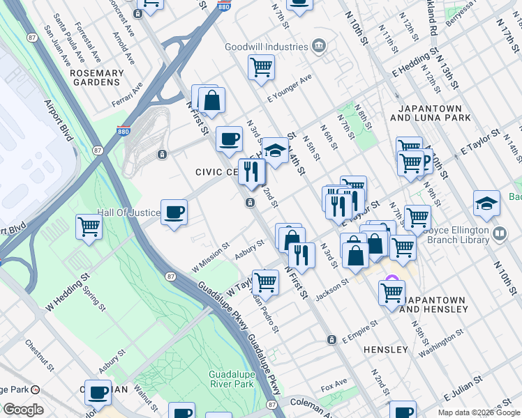 map of restaurants, bars, coffee shops, grocery stores, and more near 840 North First Street in San Jose