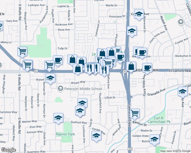 map of restaurants, bars, coffee shops, grocery stores, and more near 1092 East El Camino Real in Sunnyvale
