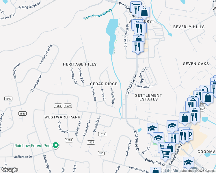 map of restaurants, bars, coffee shops, grocery stores, and more near 118 Willard Way in Lynchburg