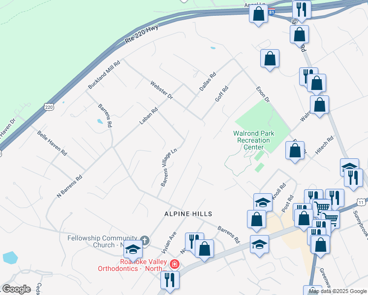 map of restaurants, bars, coffee shops, grocery stores, and more near 933-941 Barrens Village Lane in Hollins