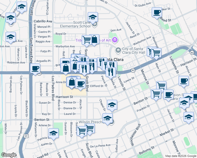 map of restaurants, bars, coffee shops, grocery stores, and more near 1849 Clay Street in Santa Clara