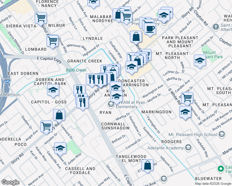 map of restaurants, bars, coffee shops, grocery stores, and more near 1198 Brightside Court in San Jose