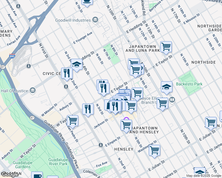 map of restaurants, bars, coffee shops, grocery stores, and more near 201 East Taylor Street in San Jose
