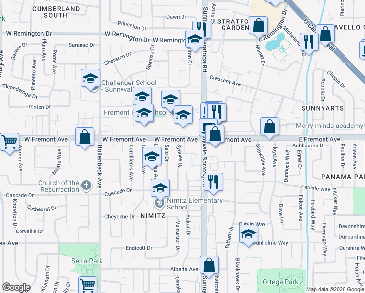 map of restaurants, bars, coffee shops, grocery stores, and more near 1311 Victoria Terrace in Sunnyvale