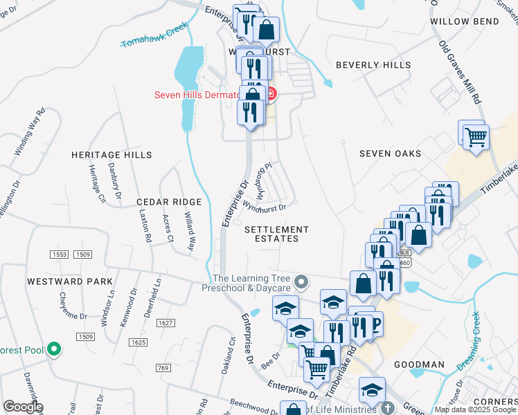 map of restaurants, bars, coffee shops, grocery stores, and more near 198 Wyndhurst Drive in Lynchburg