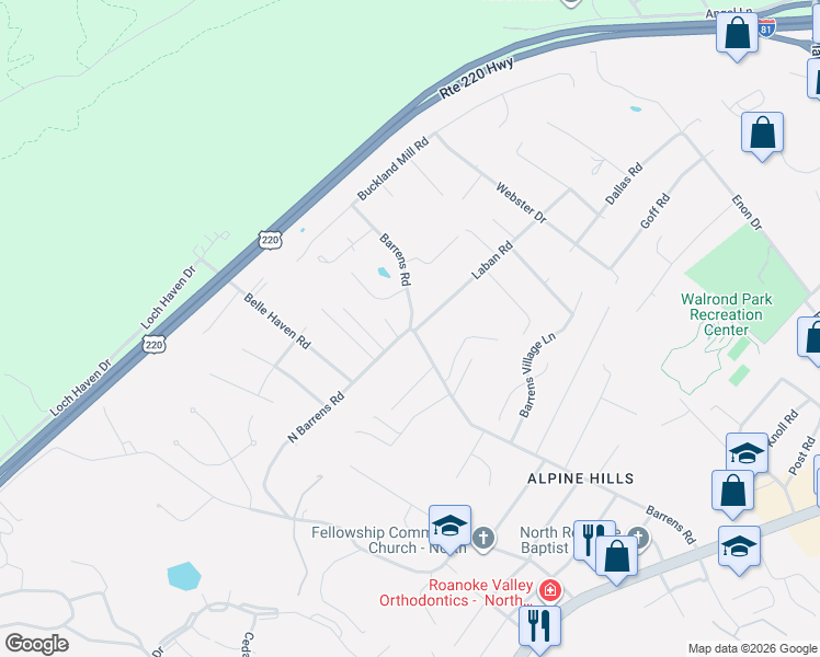 map of restaurants, bars, coffee shops, grocery stores, and more near 6498 Barrens Rd in Hollins