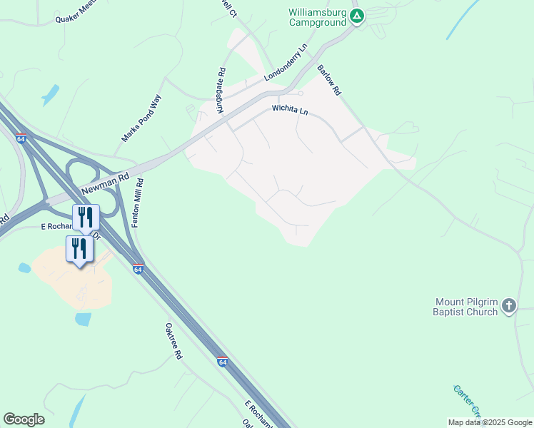 map of restaurants, bars, coffee shops, grocery stores, and more near 114 Alabama Lane in Williamsburg