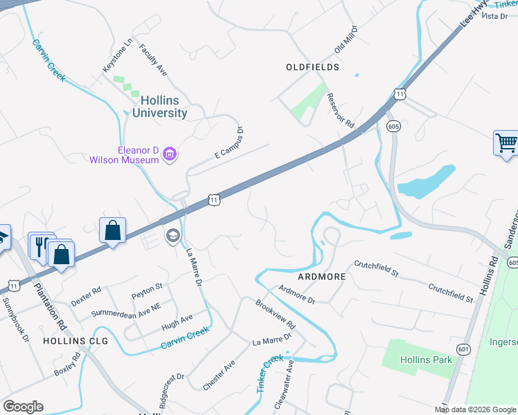 map of restaurants, bars, coffee shops, grocery stores, and more near 7816 College View Court in Roanoke