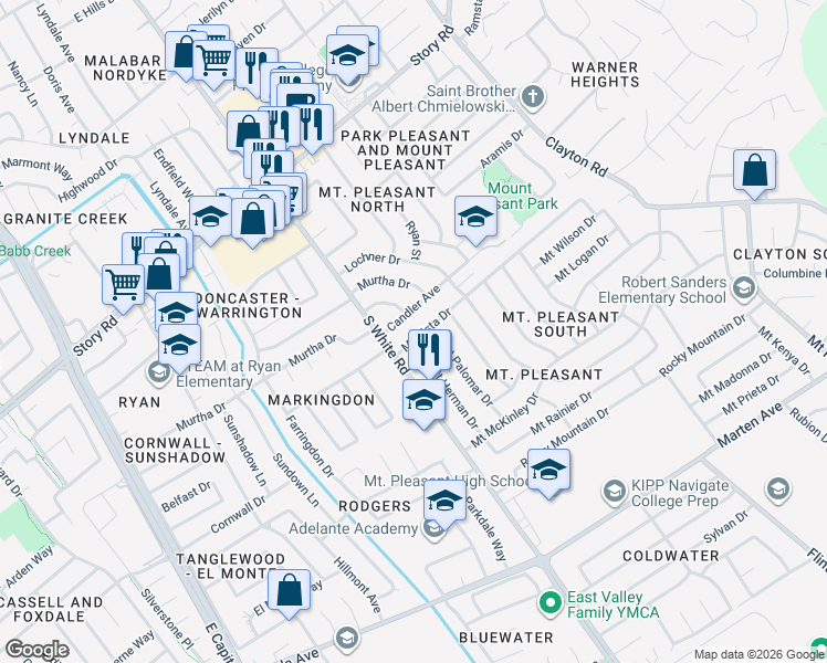 map of restaurants, bars, coffee shops, grocery stores, and more near 3129 Mount Vista Drive in San Jose
