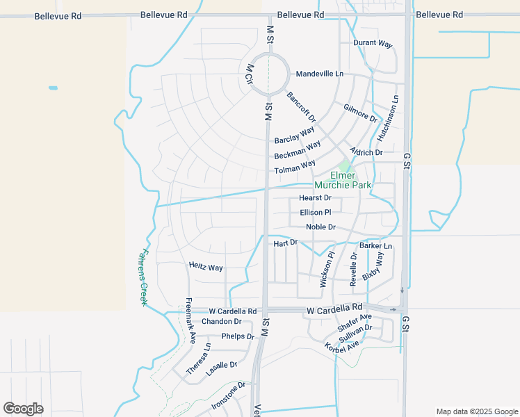 map of restaurants, bars, coffee shops, grocery stores, and more near 619 Marybelle Drive in Merced