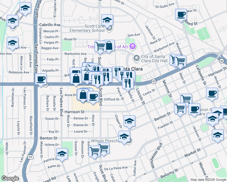 map of restaurants, bars, coffee shops, grocery stores, and more near 1849 Clay Street in Santa Clara